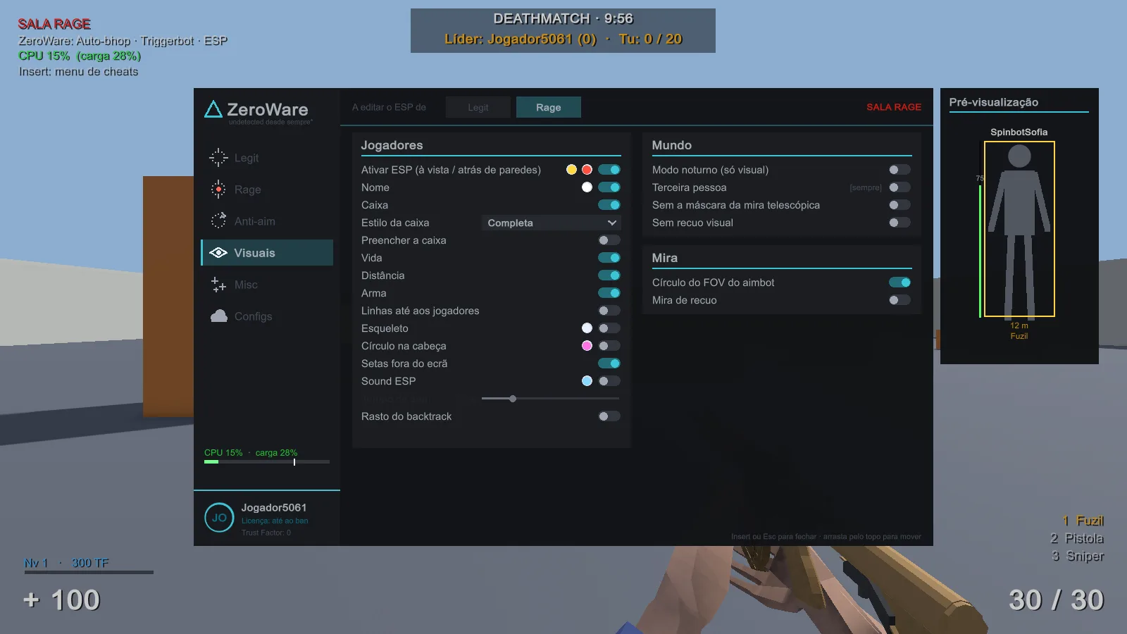 O menu de batota ZeroWare aberto a meio de uma partida